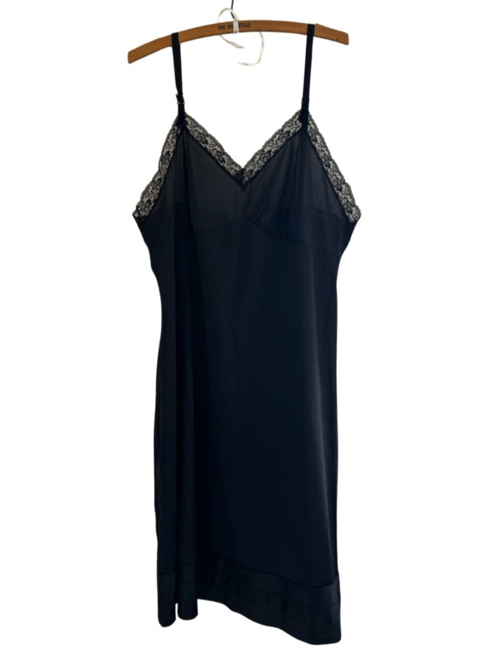 Vintage Black Lace-Trim Slip Chamise Nightgown Nylon Size 44 (XL)